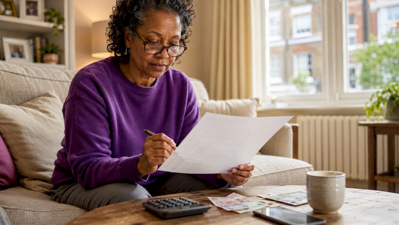 Woman reviewing travel insurance at home table