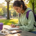 Student budgeting travel expenses outdoors