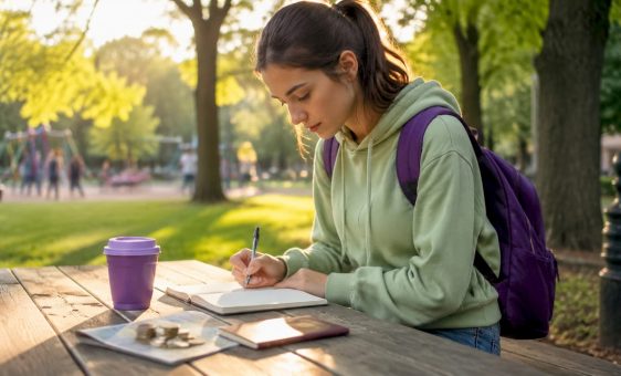 Student budgeting travel expenses outdoors