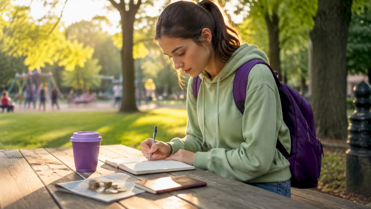 Student budgeting travel expenses outdoors