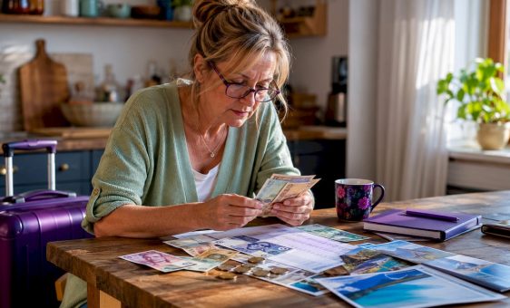 UK traveller reviewing foreign currency at home