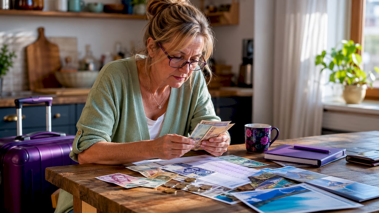 UK traveller reviewing foreign currency at home