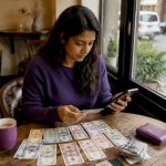 Woman organizing travel money at kitchen table