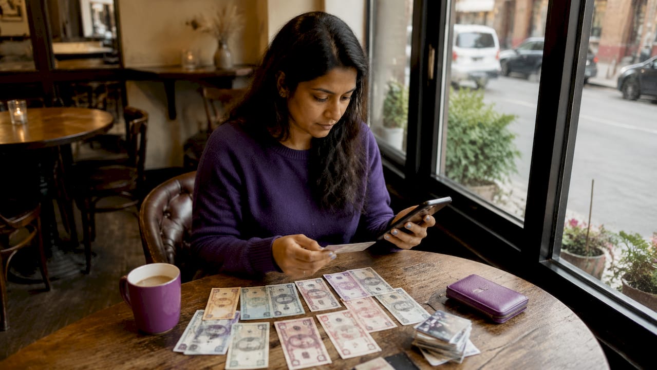 Woman organizing travel money at kitchen table
