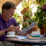 Traveller comparing currency rates at home