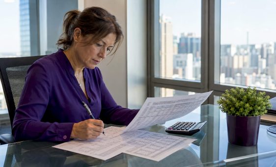 Bank trader reviewing currency sheets