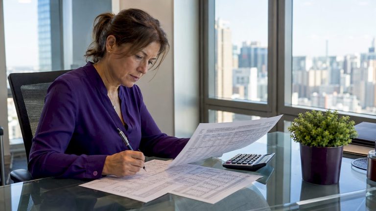 Bank trader reviewing currency sheets