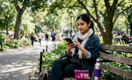 Woman traveler checking currency rates outdoors