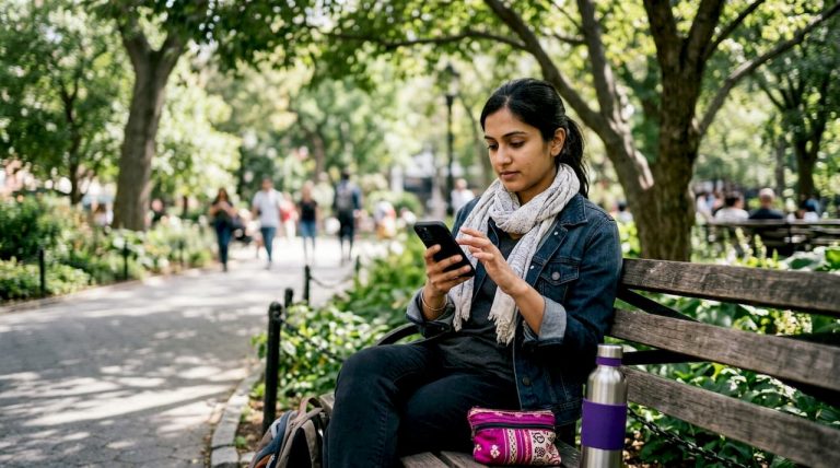 Woman traveler checking currency rates outdoors