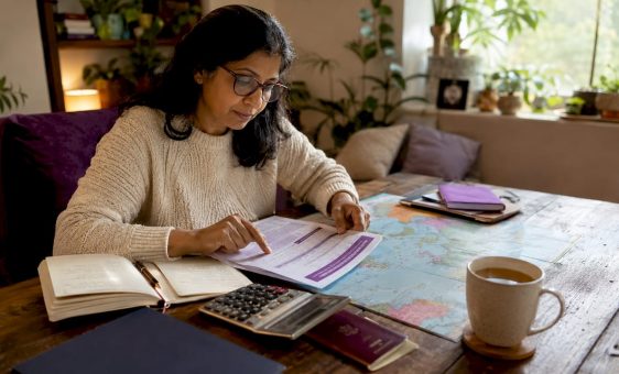 Traveller planning currency exchange at home table