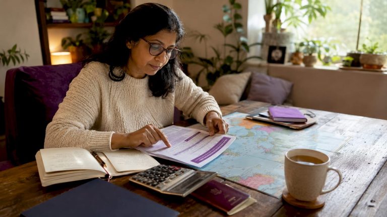 Traveller planning currency exchange at home table
