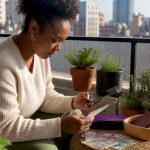 Woman checking travel money exchange rates at home