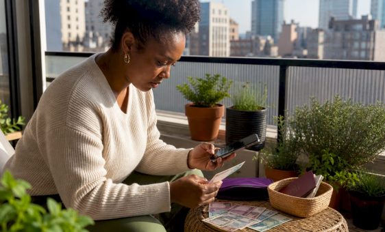 Woman checking travel money exchange rates at home
