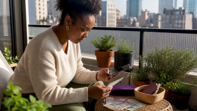 Woman checking travel money exchange rates at home