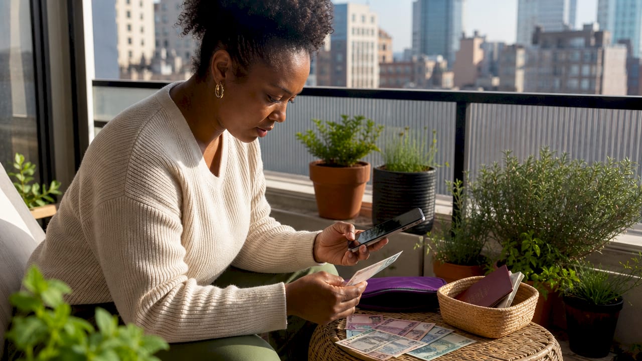 Woman checking travel money exchange rates at home
