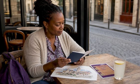 Traveller reviewing currency exchange documents outdoors
