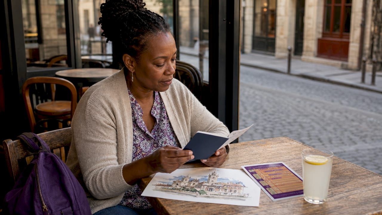 Traveller reviewing currency exchange documents outdoors