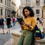 Traveller checking currency rates on smartphone outdoors