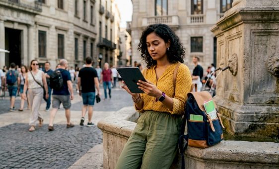 Traveller checking currency rates on smartphone outdoors