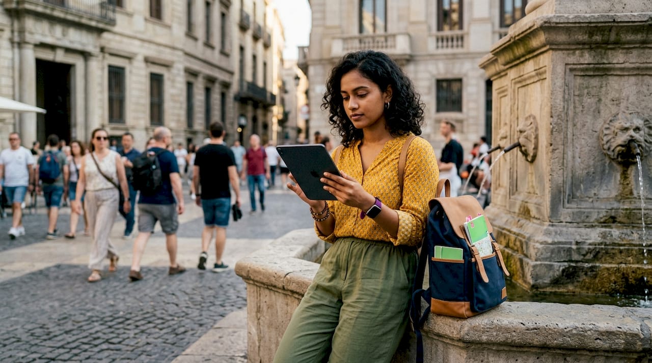Traveller checking currency rates on smartphone outdoors