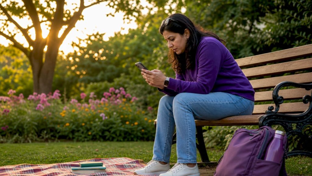 Traveller checking currency exchange rates outdoors