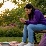 Traveller checking currency exchange rates outdoors
