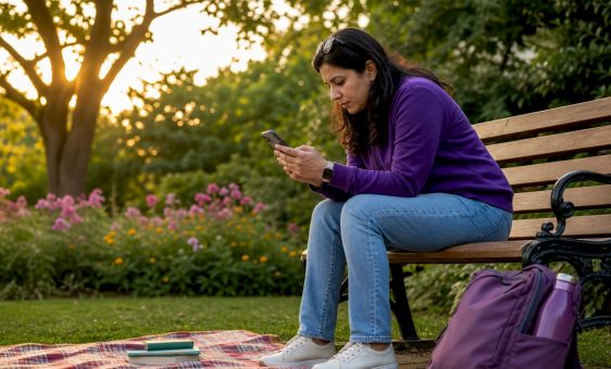 Traveller checking currency exchange rates outdoors