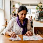 Woman examining British pounds and Turkish Lira banknotes