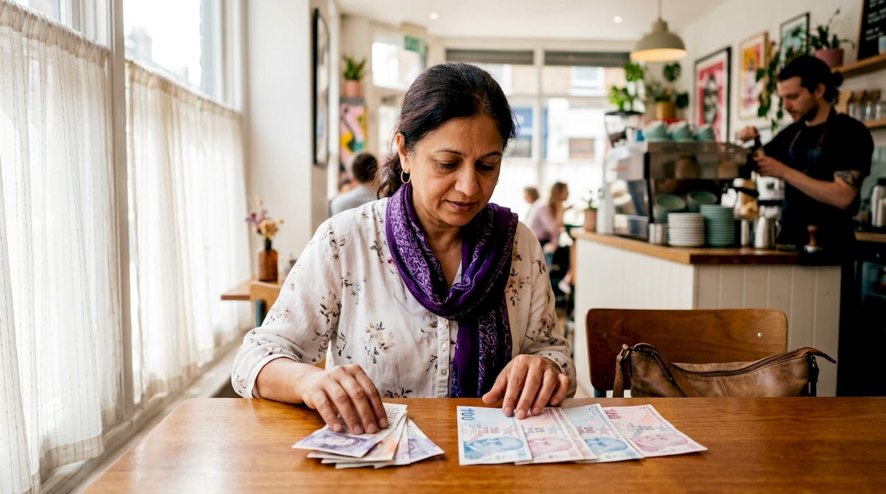Woman examining British pounds and Turkish Lira banknotes