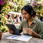 Woman securing currency online at home office
