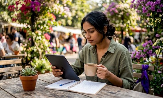 Woman securing currency online at home office
