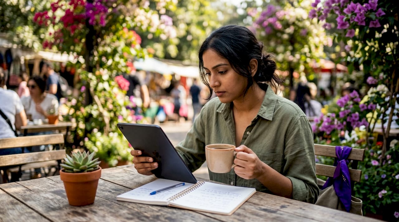 Woman securing currency online at home office