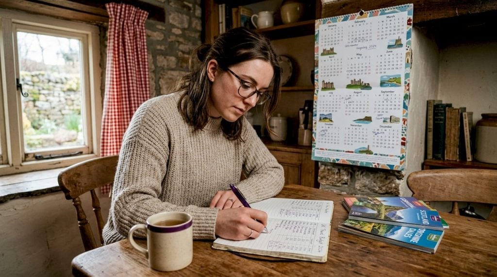 Woman planning UK travel budget at home table