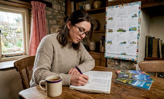 Woman planning UK travel budget at home table