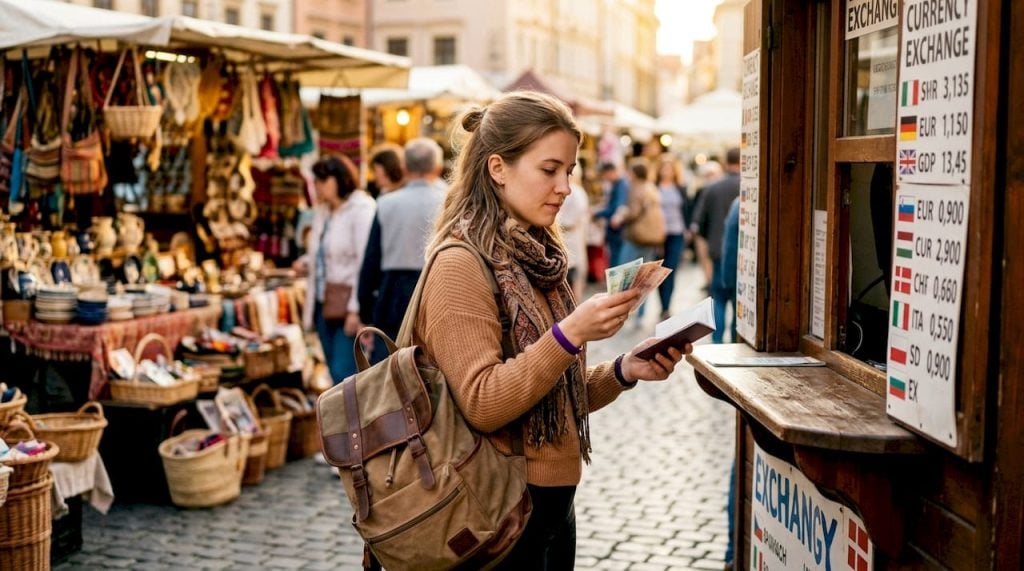 Traveler exchanging currency at outdoor kiosk