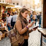 Traveler exchanging currency at outdoor kiosk