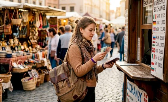Traveler exchanging currency at outdoor kiosk