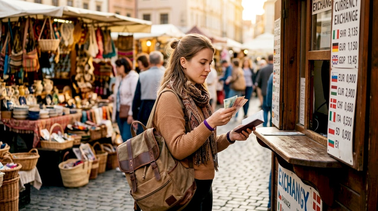 Traveler exchanging currency at outdoor kiosk
